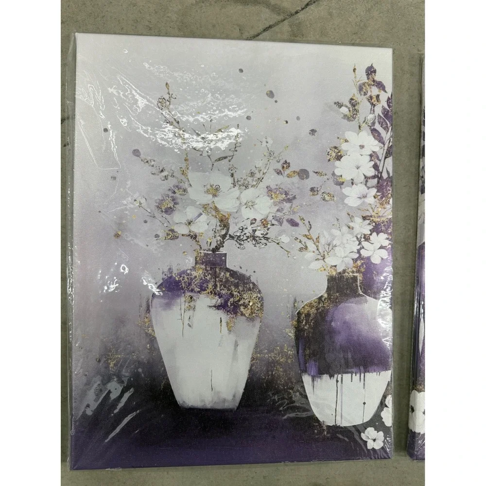 Purple Floral Canvas Wall Art Set 3 Piece White Flower Gold Accents 12x16 New